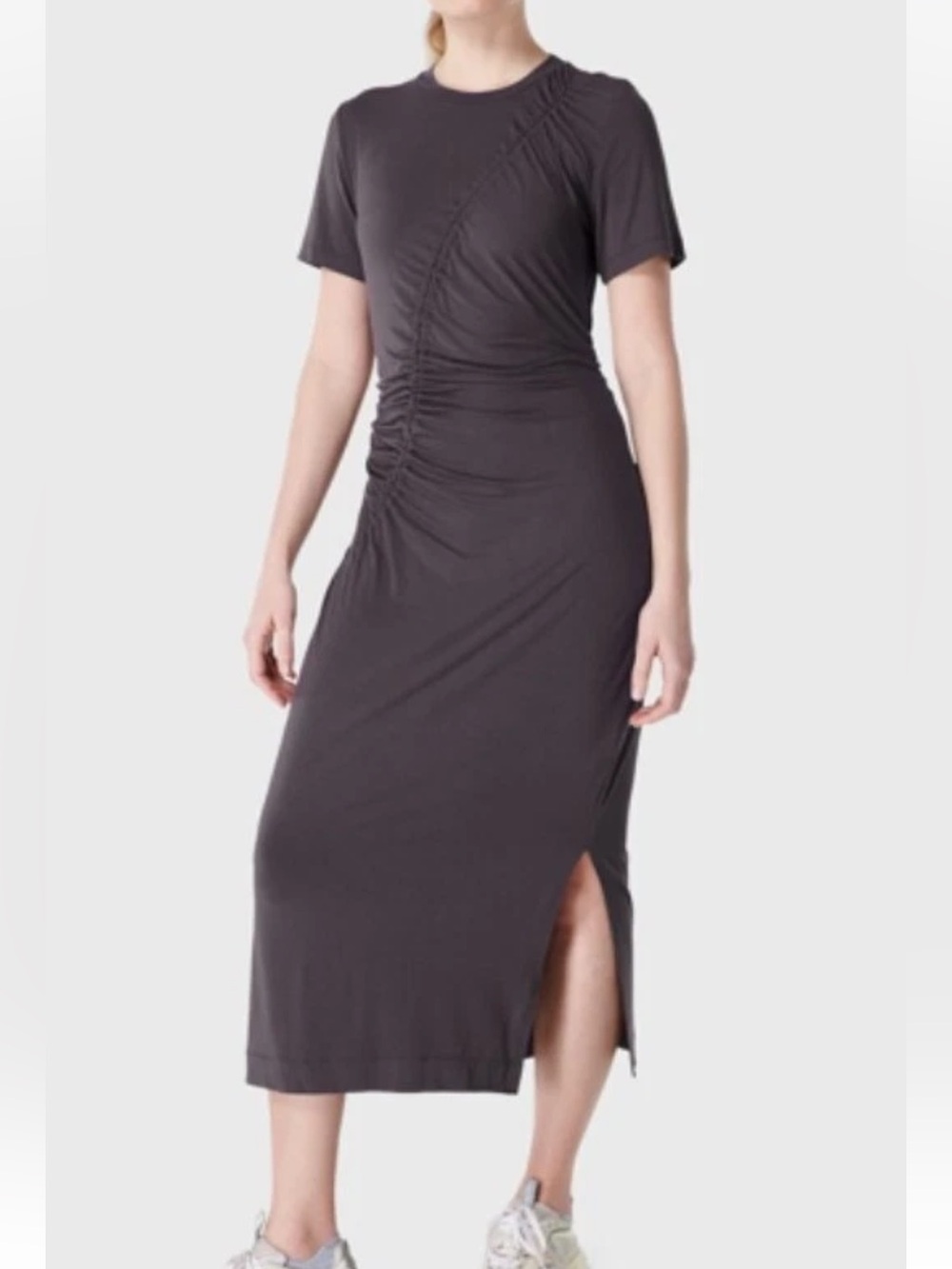 Sweaty Beatty Ambience Ruched Gray T-Shirt Midi Jersey Dress size 8-10